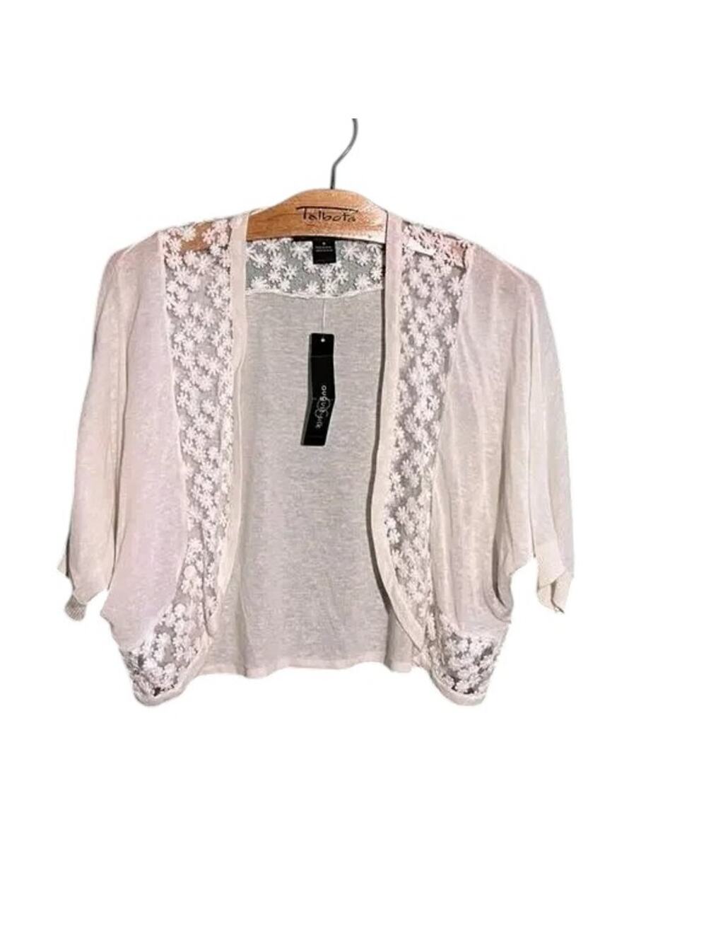 August Silk White Cardigan M Sheer Lace Floral Trim Open Front Lightweight
